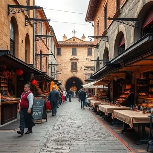 A high-resolution, macro-style close-up of a skilled artisan's hands (only hands visible, no face) meticulously working on an intricate medieval craft. One hand holds a detailed leather-working tool, pressing it into vegetable-tanned leather to create an elaborate pattern. The background is softly blurred, showing an authentic workshop environment. Focus on texture, detail, and the essence of creation. Renaissance fair style, dark academia, shallow depth of field, golden hour lighting.